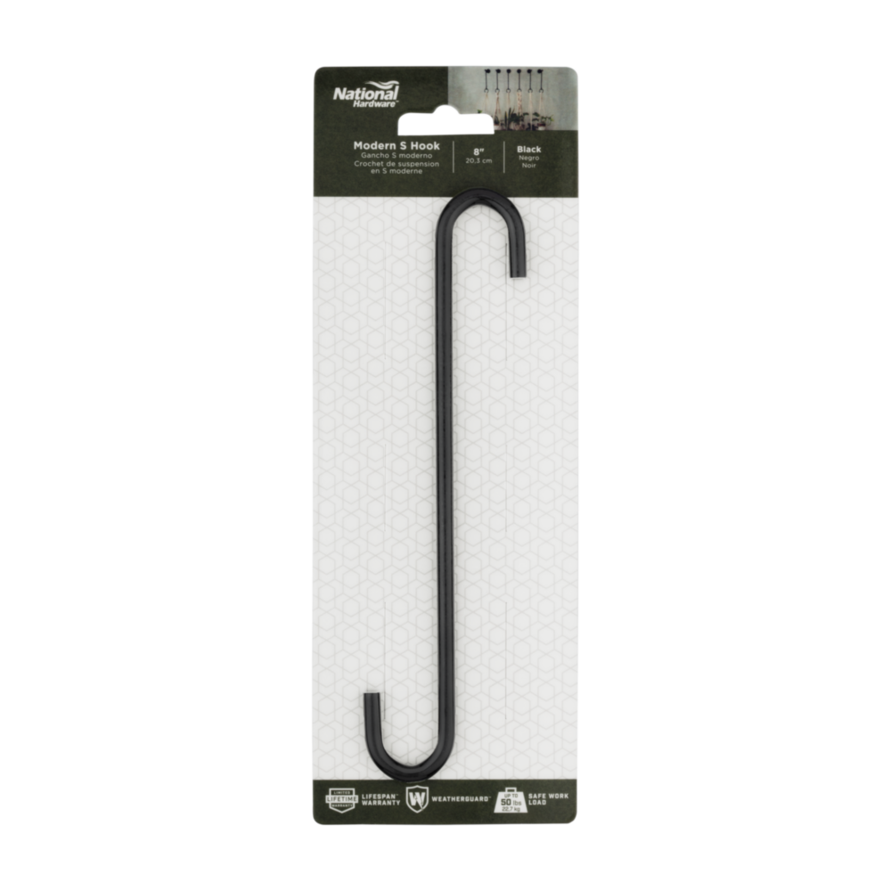 8-inch black steel large S-hook with modern style for plant hanging and home improvement use