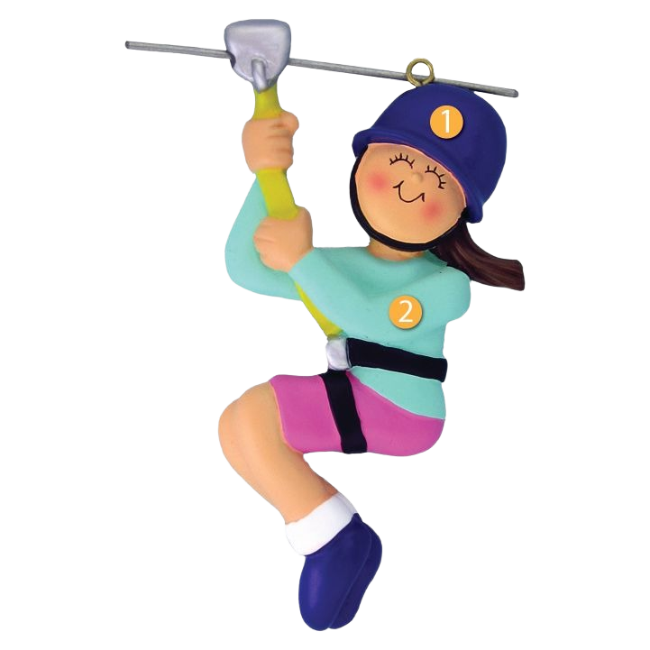 Brunette female figurine wearing helmet and harness zip lining Christmas ornament under $50 for tree décor