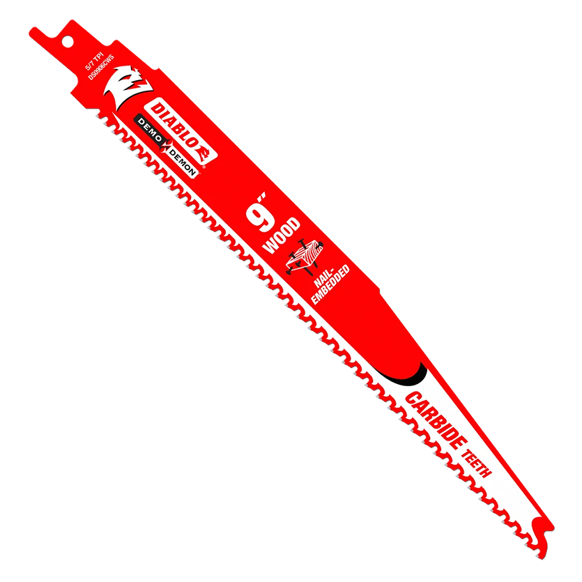 Red and white Diablo demo saw blade with carbide teeth designed for cutting wood and embedded nails in home improvement tasks