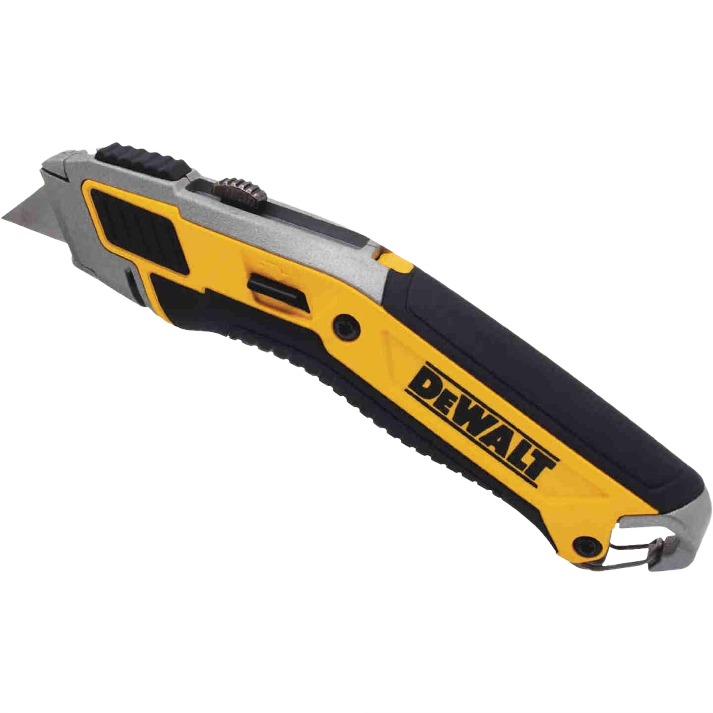 Yellow and black retractable utility knife with ergonomic grip and metal blade for tools and home improvement projects