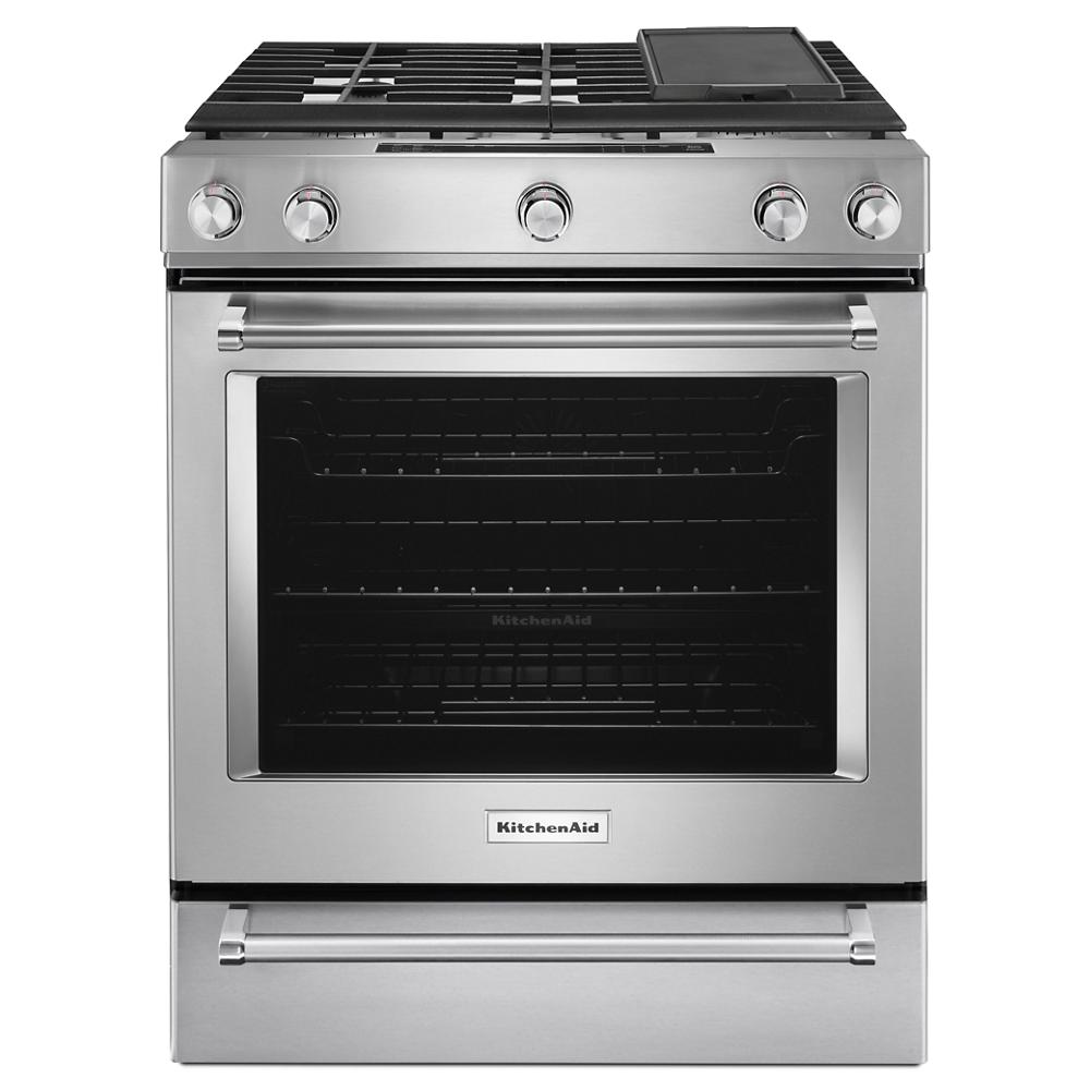 stainless steel 30-inch gas range with five burners and convection oven in KitchenAid appliances collection