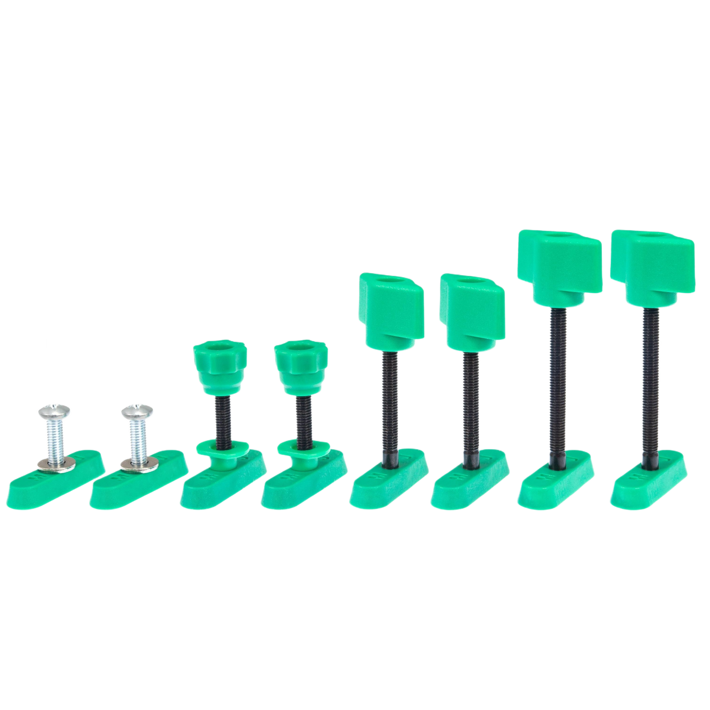 Set of eight green dovetail hardware clamps with metal screws, part of power tool accessories and home improvement tools collection.