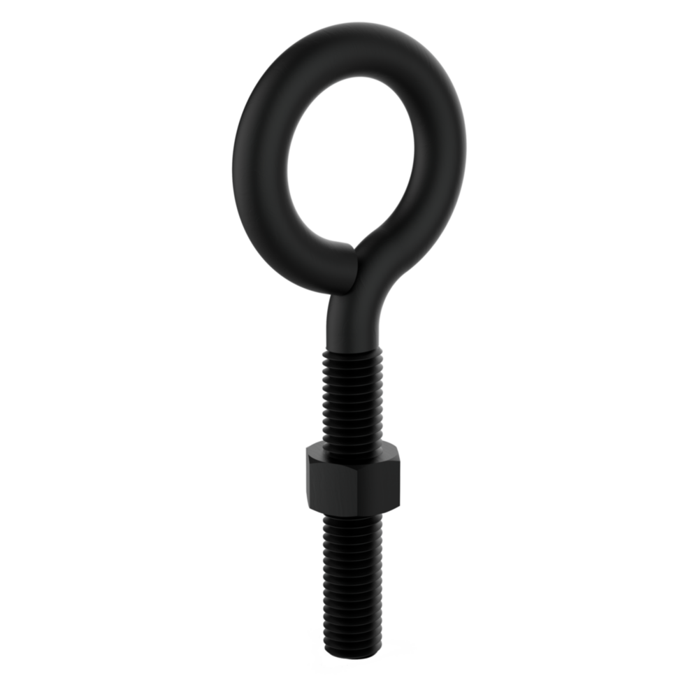 Black coated eye bolt with threaded shaft and nut for hardware, fasteners, and home improvement applications