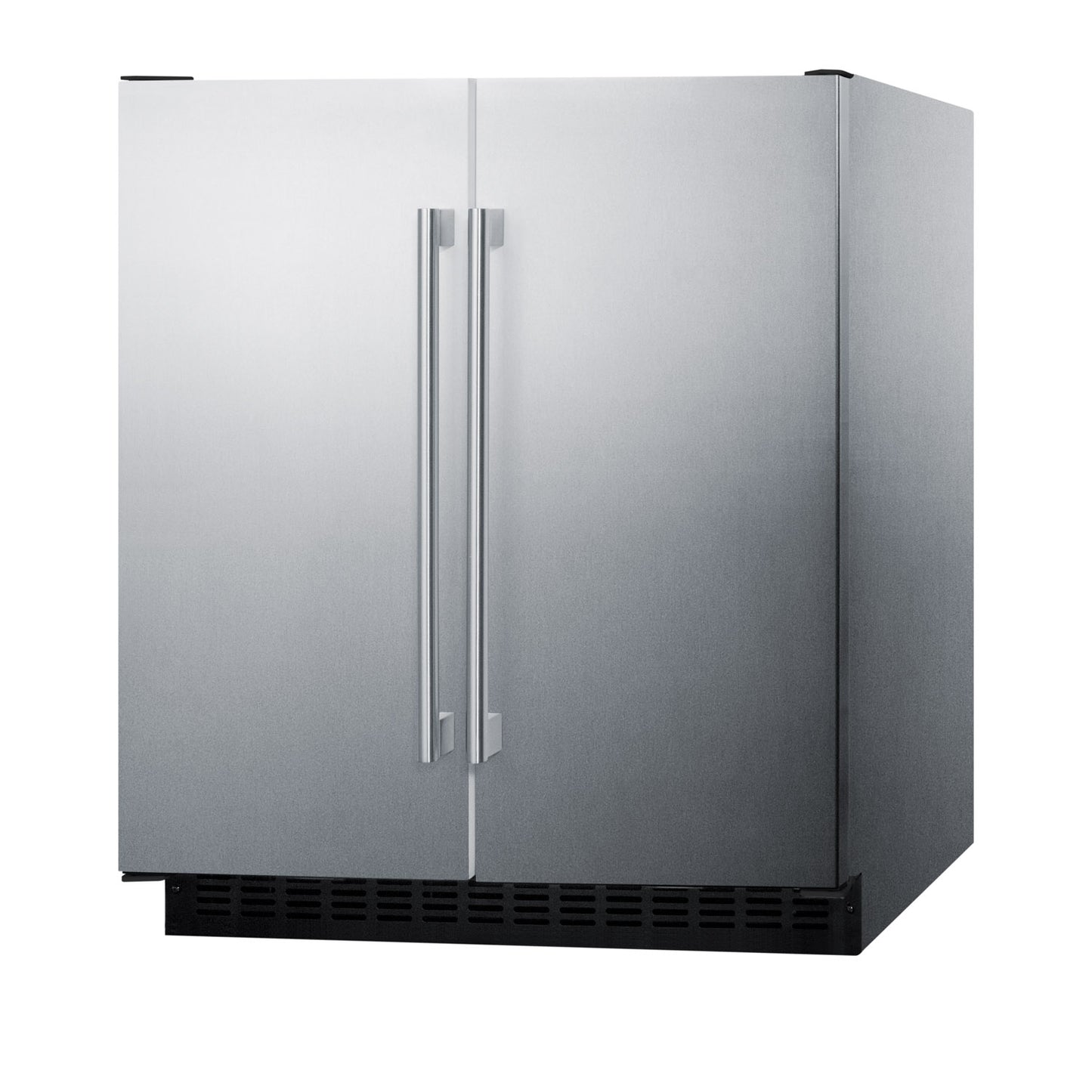 Stainless steel 30-inch wide built-in side-by-side refrigerator-freezer with vertical handles in kitchen appliances category