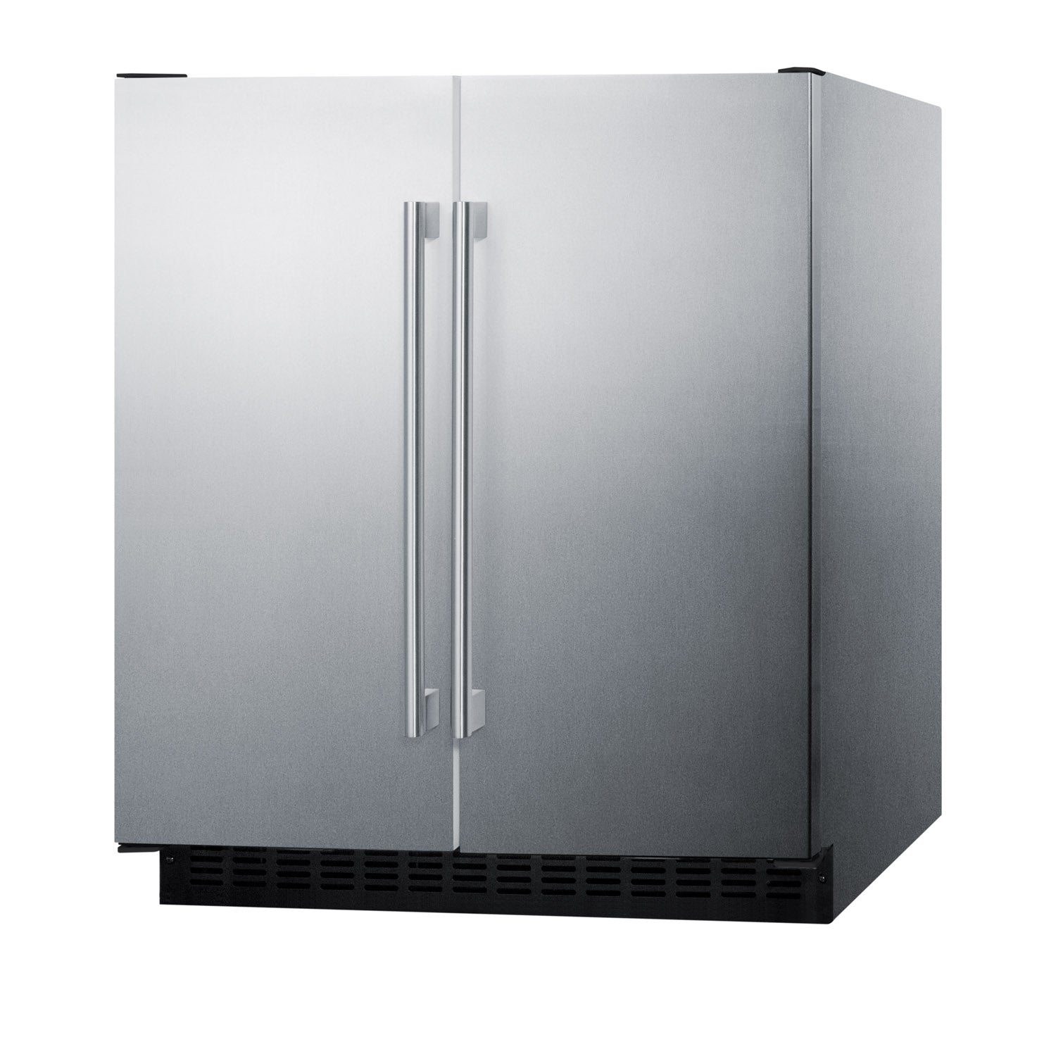 Stainless steel 30-inch wide built-in side-by-side refrigerator-freezer with vertical handles in kitchen appliances category