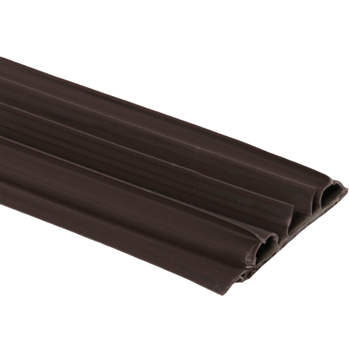 Brown door bottom weatherstripping with vinyl fins for sealing gaps in home improvement projects