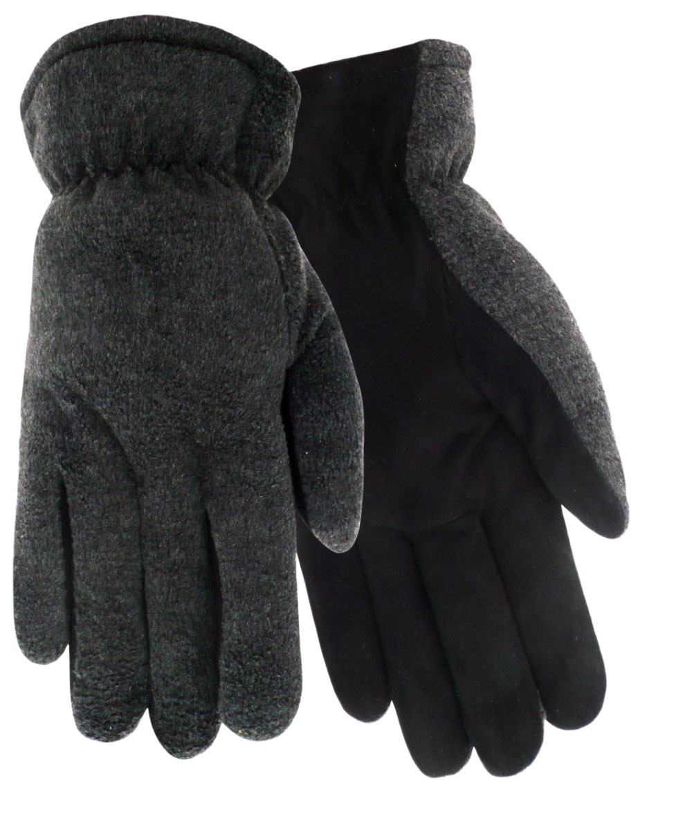 Large black and gray fleece thermal lined gloves with durable deerskin palm for cold weather and home improvement tasks