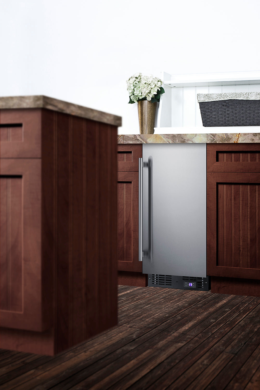 Compact built-in stainless steel freezer integrated into kitchen cabinetry from Appliances and Freezers collections
