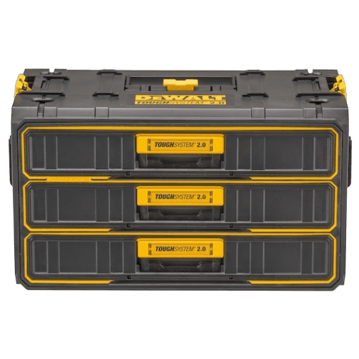 Black and yellow three-drawer tool storage unit with interlocking design for workshop organization and jobsite storage solutions