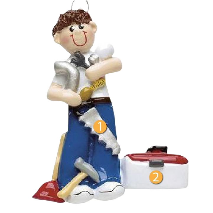 Cheerful handyman figurine holding tools beside toolbox in Christmas Ornaments & Tree Decorations under $50 collection