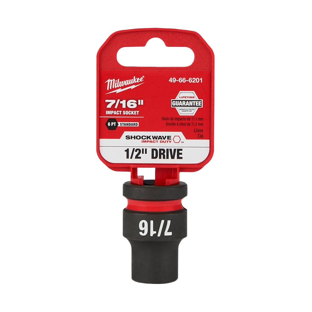 Red and black Milwaukee SHOCKWAVE Impact Duty 7/16 inch 6 point socket for hand tools and woodworking tasks