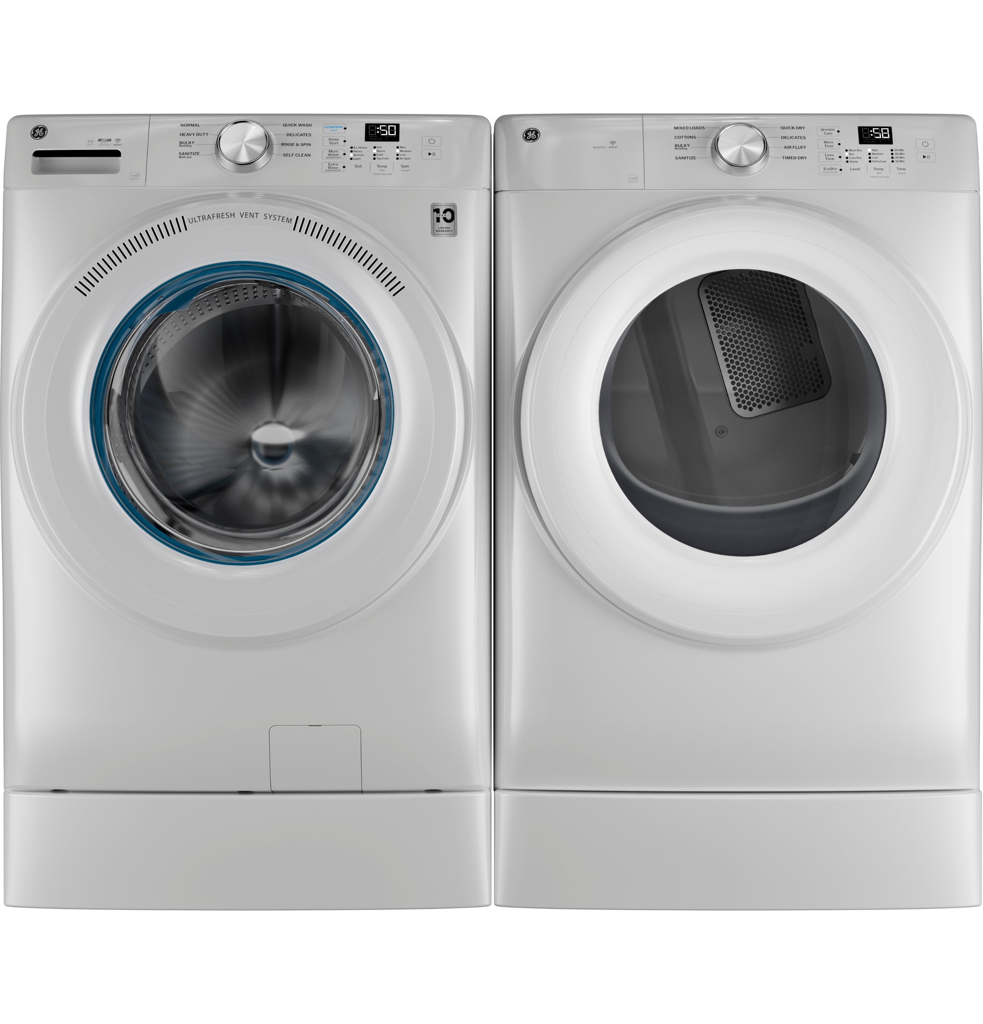 Front load washer and matching gas dryer pair in white, part of washers and dryers appliance collection.