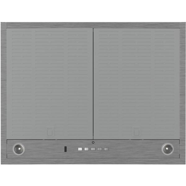 Stainless steel undercabinet range hood with dual filters and control panel, part of kitchen appliance collection