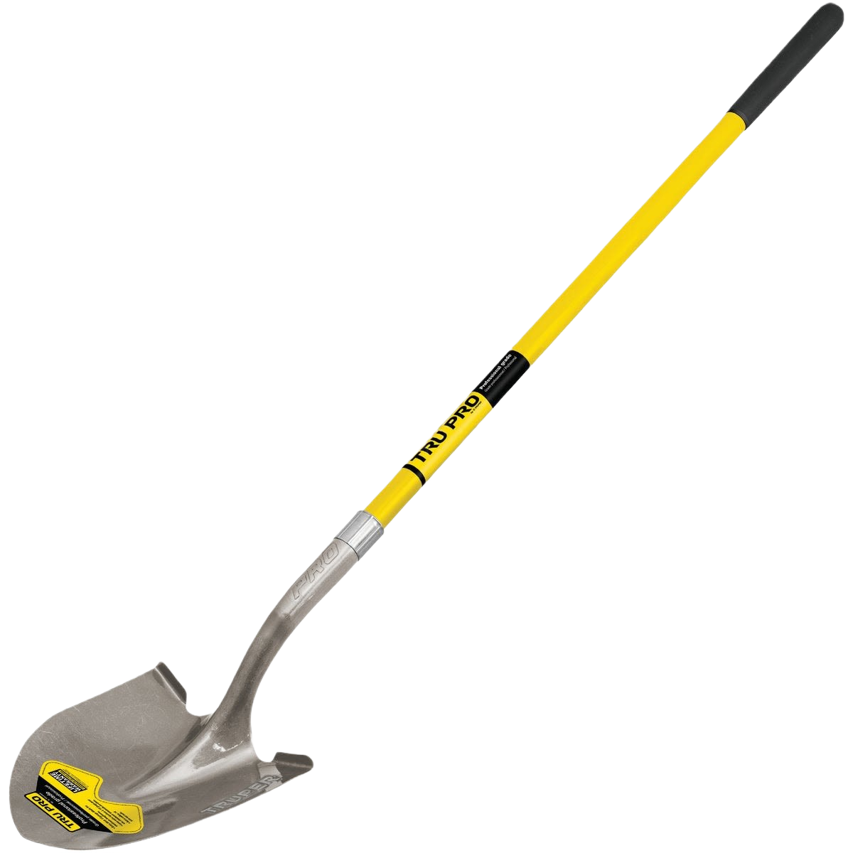 Fiberglass handled round point shovel with yellow shaft and cushioned grip in garden and digging tools collection under $50