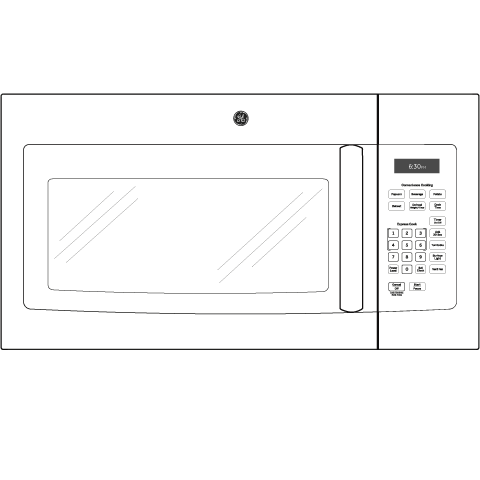 Line drawing of over-the-range microwave with digital control panel and timer display in kitchen appliances collection