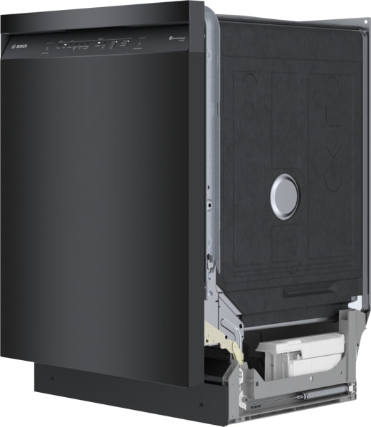 Black 24-inch built-in dishwasher with digital controls and partially exposed interior from Bosch appliances collection