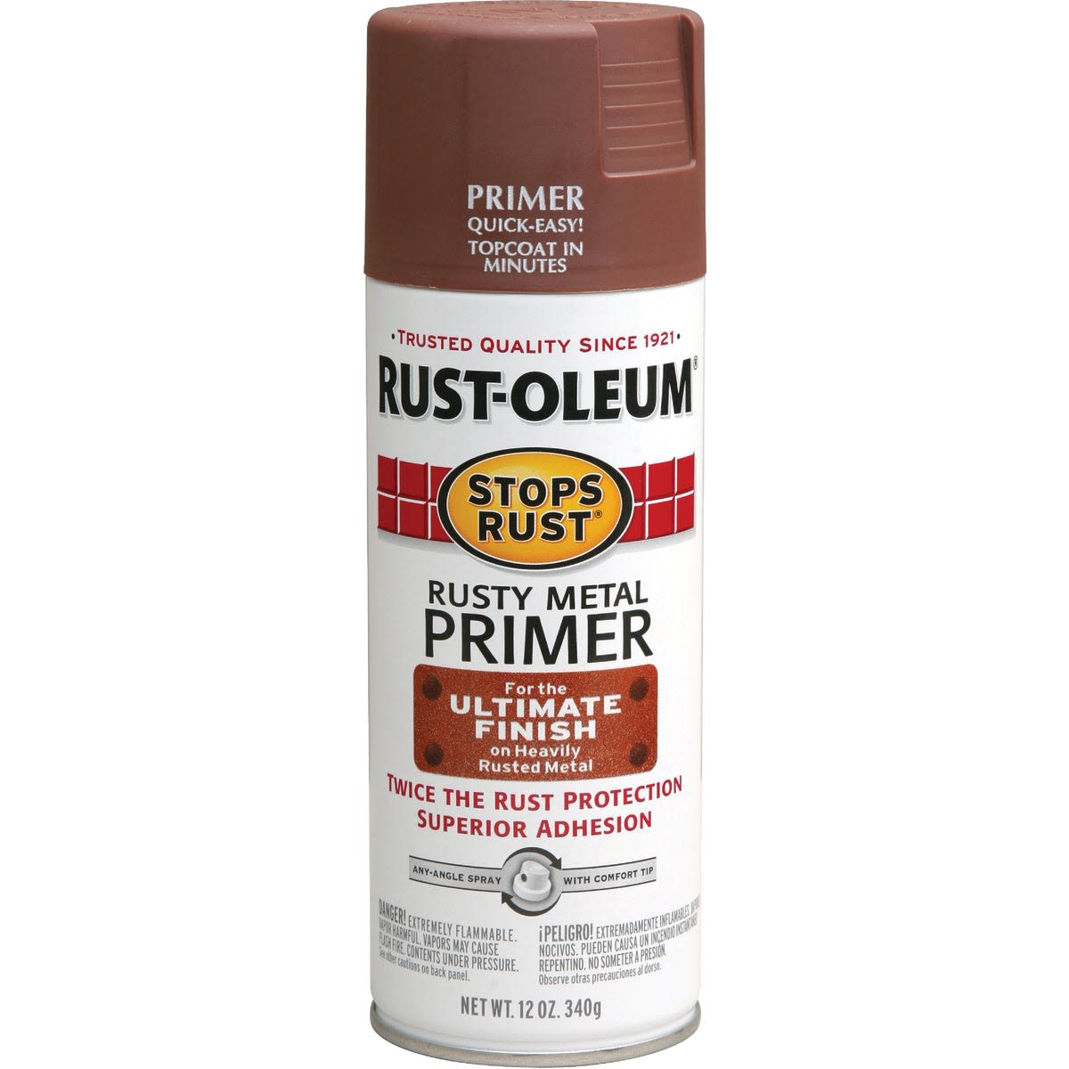 Rust-Oleum brown rusty metal spray primer can for superior adhesion in paint and primer collections