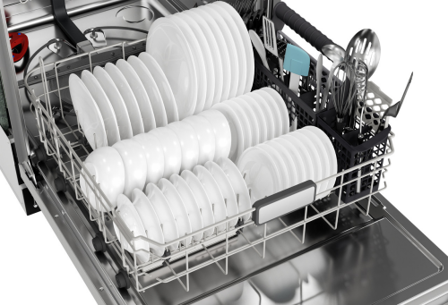 Open 24 in. stainless steel dishwasher loaded with white dishes and utensils from Appliances and Kitchen & Kitchenware collection