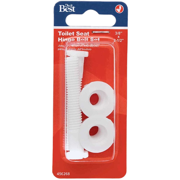 White plastic toilet seat hinge bolt set with washers for home improvement and repair tasks