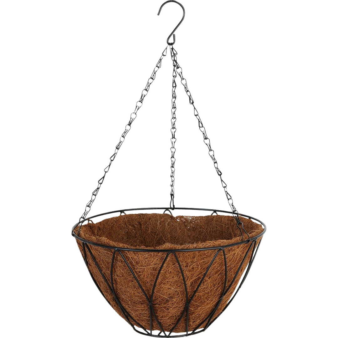 Black powder-coated steel rod hanging plant basket with natural fiber liner for contemporary garden decor and home improvement