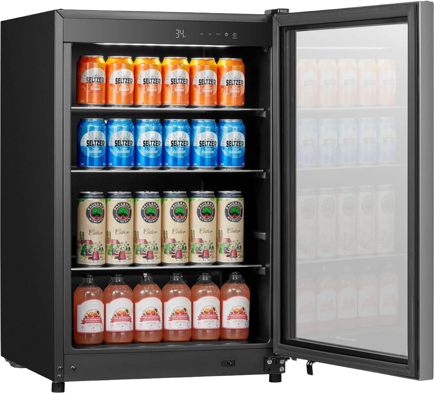 Black beverage center with a stainless-steel frame, tinted glass door, adjustable glass shelves stocked with assorted canned and bottled drinks, ideal for Refrigerators, Kitchen & Kitchenware, Beverage Centers, All Products, and Appliances collections.