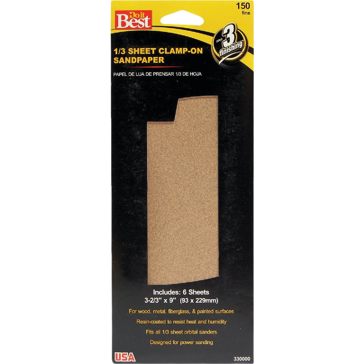 Package of fine 150-grit clamp-on sandpaper sheets for sanding wood, metal, and painted surfaces in home improvement projects