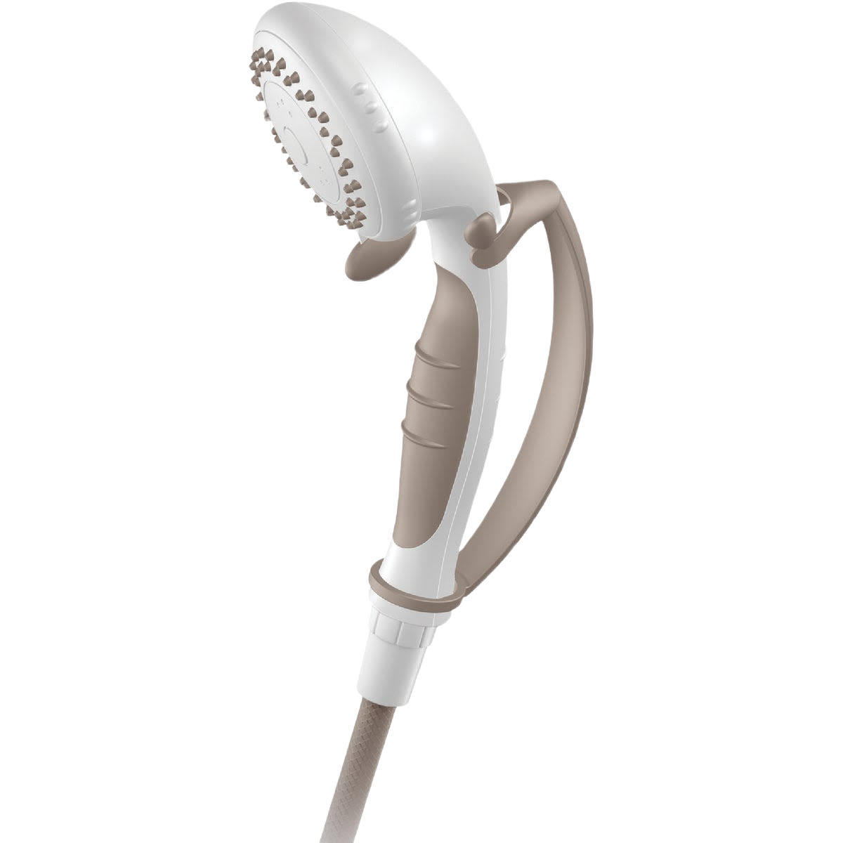 White and beige handheld shower spray head with textured grip for plumbing parts and repair under $100 collections