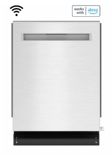 Front view of stainless steel smart dishwasher featuring top control panel and Alexa compatibility in kitchen appliances collection
