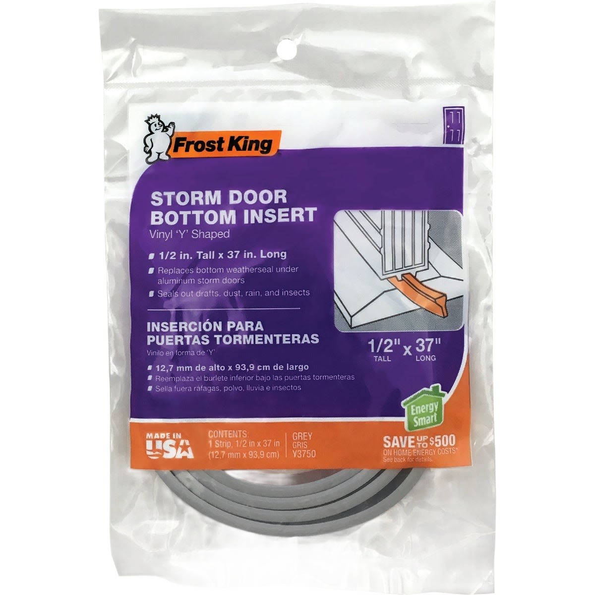 Packaging of Frost King gray storm door bottom insert weatherseal strip under $25 hardware product for home improvement tools