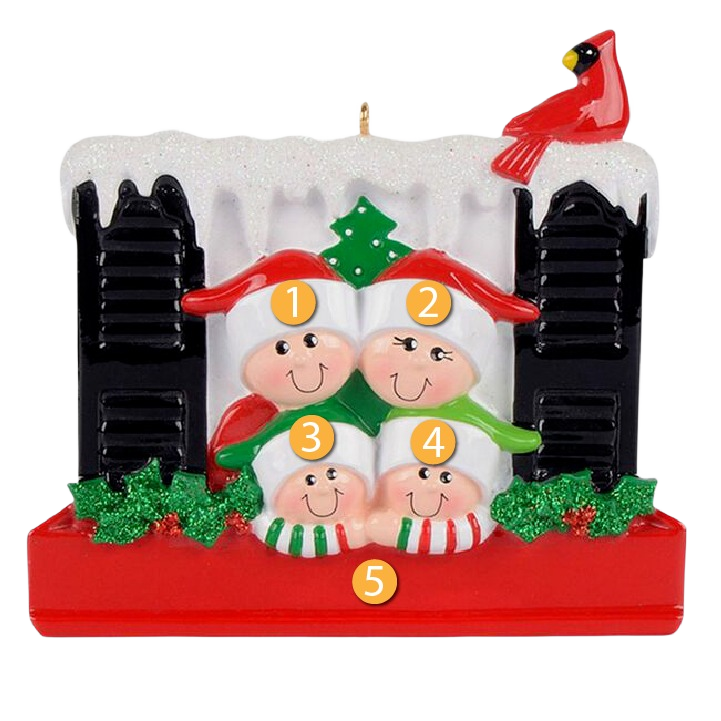 Personalized family of four figurines in a snowy window scene with festive greenery and a red cardinal ornament