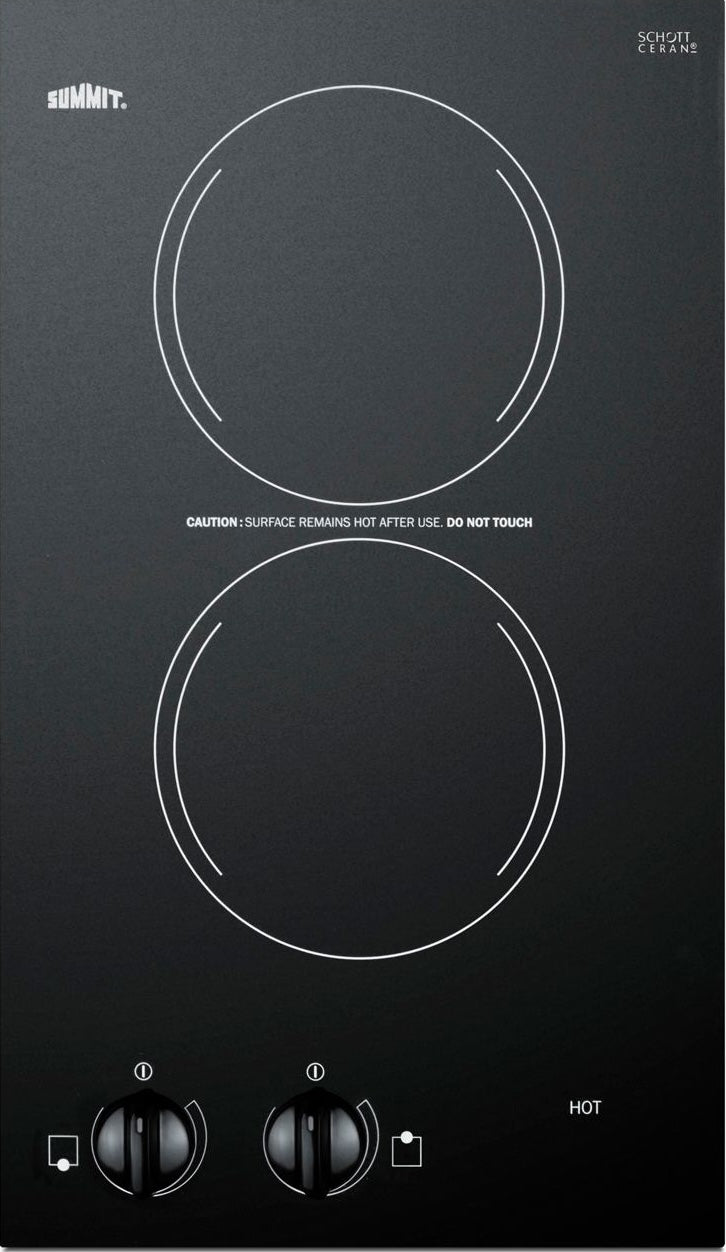 Two-burner black radiant cooktop with control knobs and hot surface warning for compact kitchen appliance use