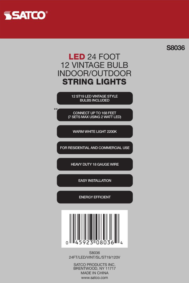 Packaging label for 24-foot string lights with 12 vintage-style warm white LED bulbs for indoor and outdoor use