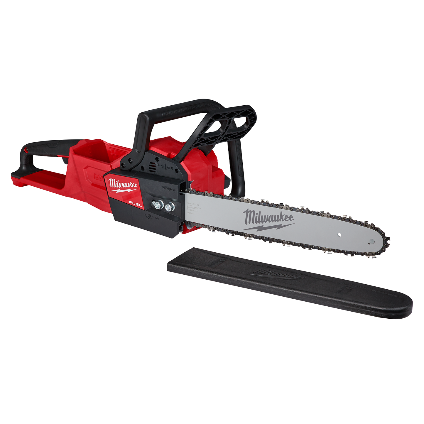 Red and black cordless chainsaw with ergonomic handle and protective blade cover for outdoor and home improvement use
