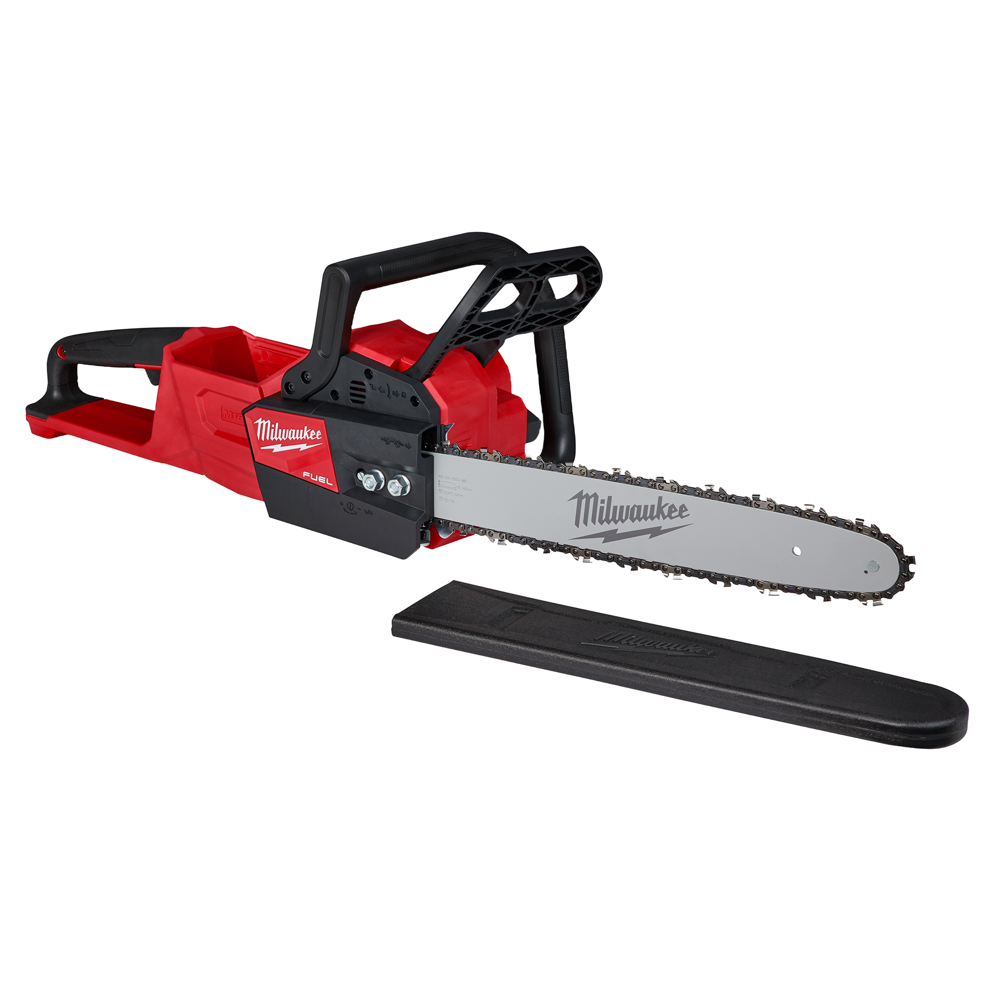 Red and black cordless chainsaw with ergonomic handle and protective blade cover for outdoor and home improvement use