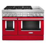 Red commercial-style dual fuel range with griddle, six gas burners, electric double oven in KitchenAid appliances collection