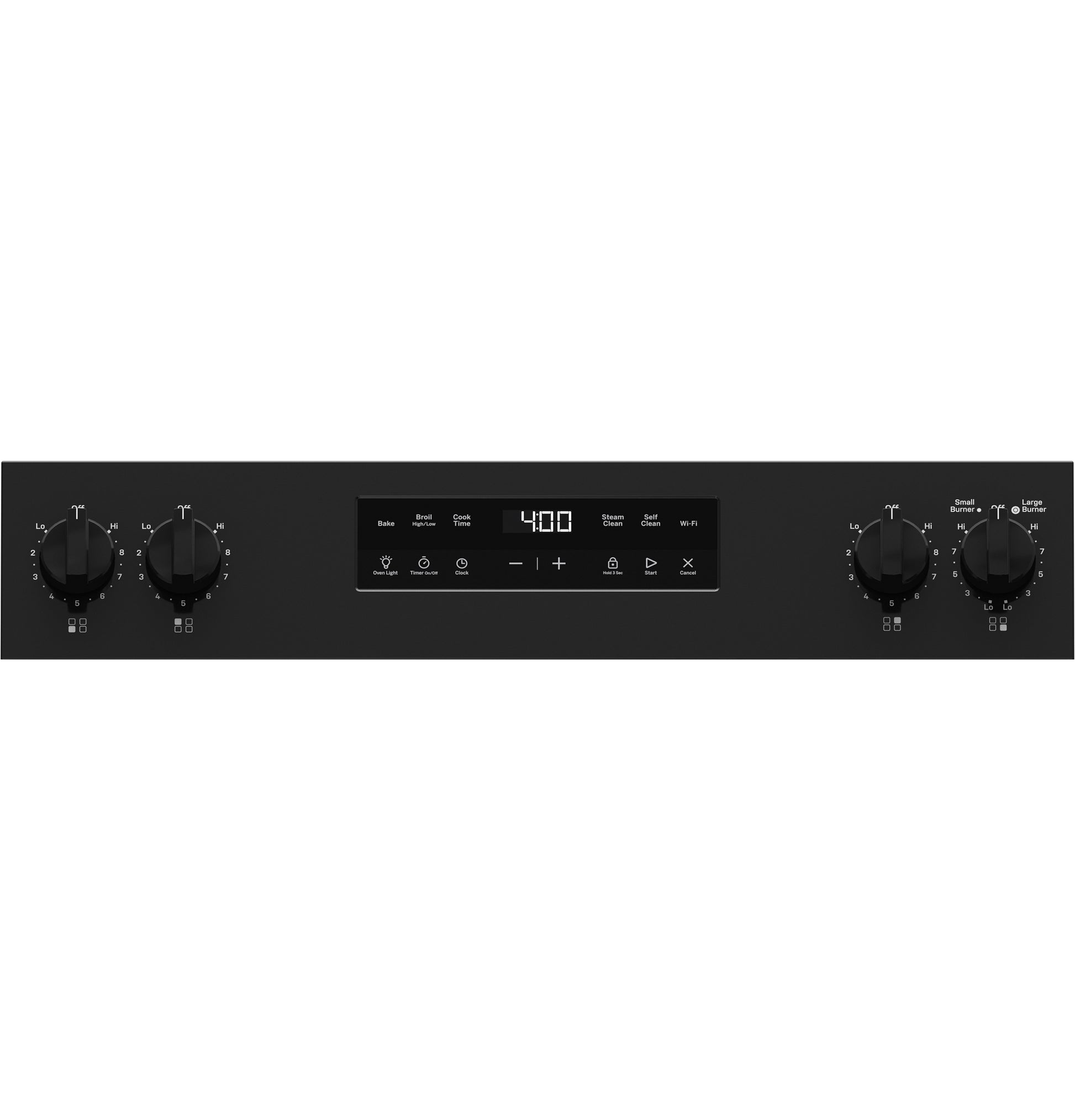 Control panel of a black electric range featuring digital display and four rotary knobs for temperature and function settings