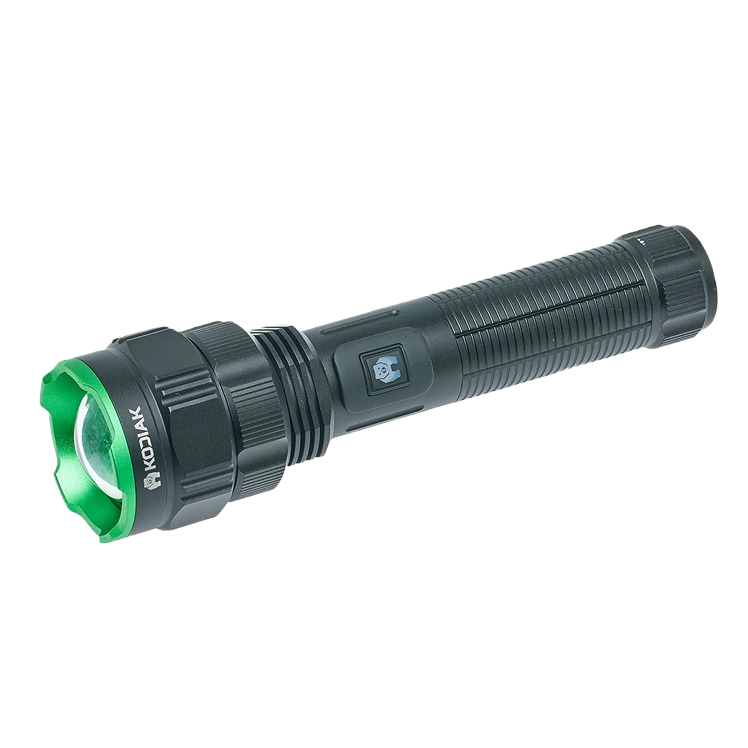 Black and green tactical flashlight with long beam range designed for outdoor and home improvement use