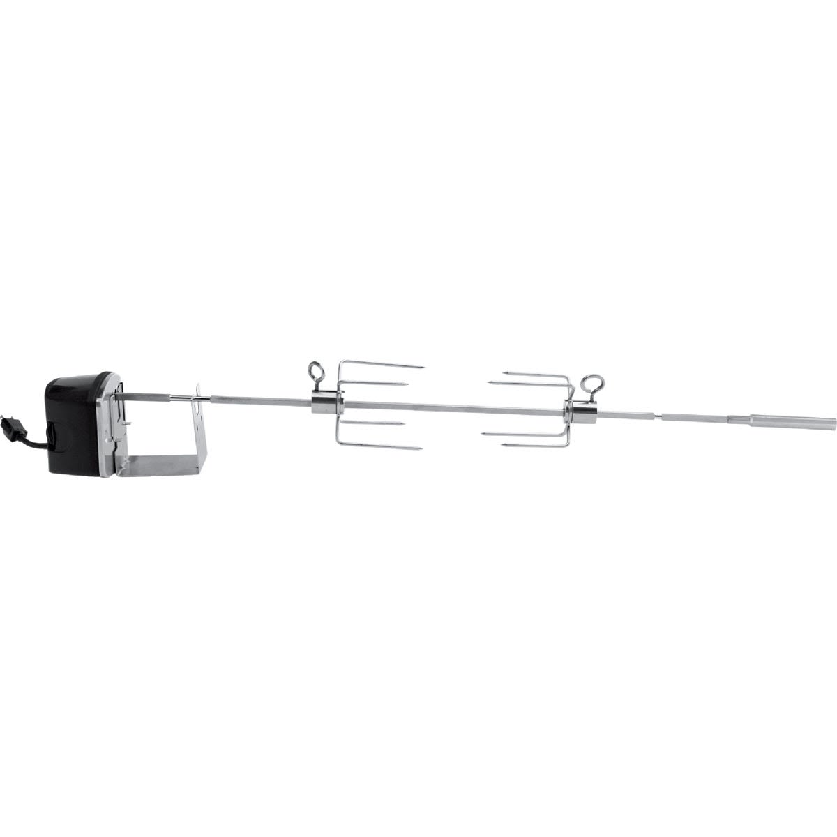 Stainless steel rotisserie spit with motorized attachment and dual forks for even grilling in home improvement tools and accessories