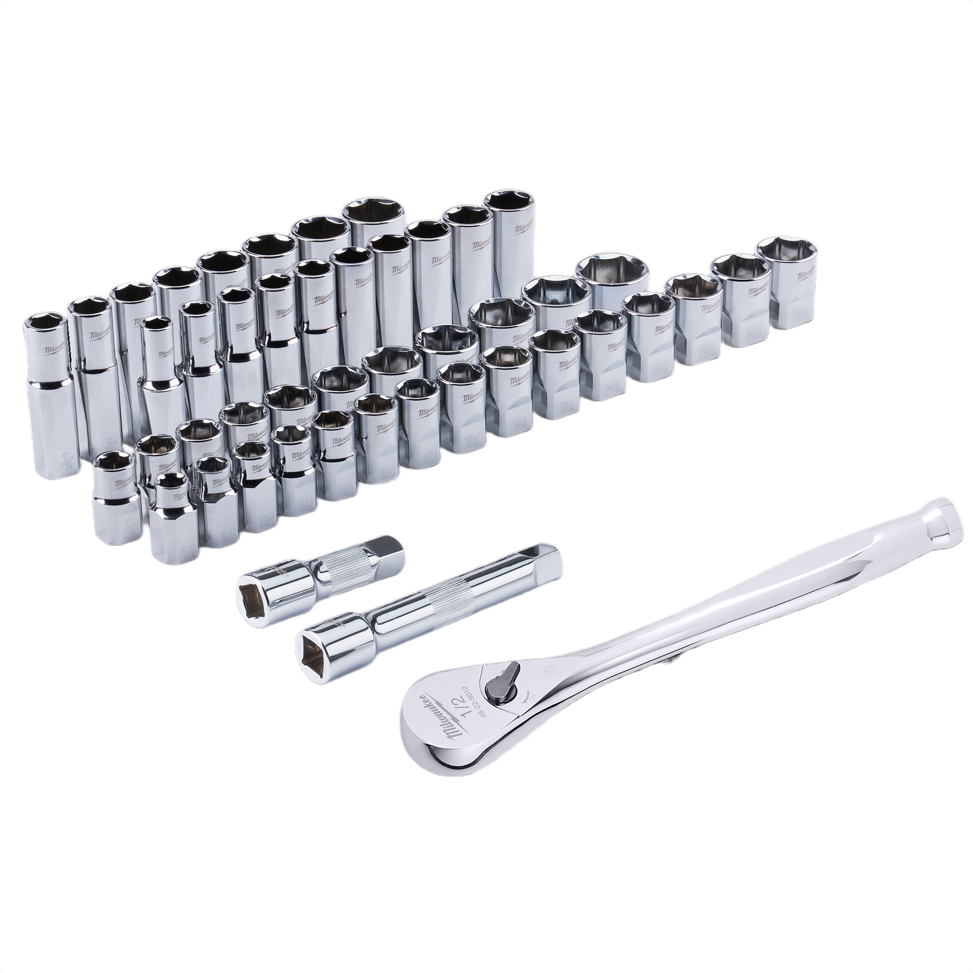 Set of chrome SAE and metric sockets with 1/2" drive ratchet and extensions for hand tools and woodworking collections