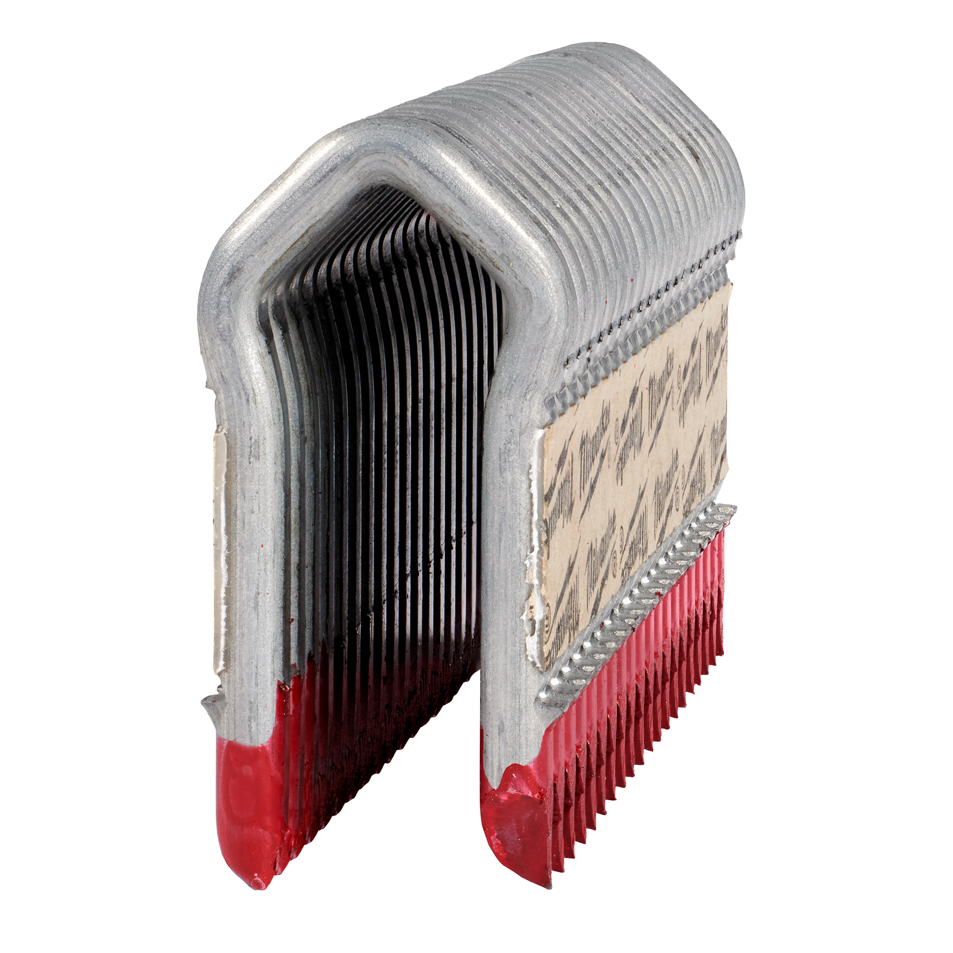Stack of heavy-duty galvanized metal staples with red tips for durable fastening in tools and home improvement projects