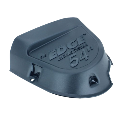 Left side mower deck shield in black plastic with embossed cutting system label for tools and home improvement use