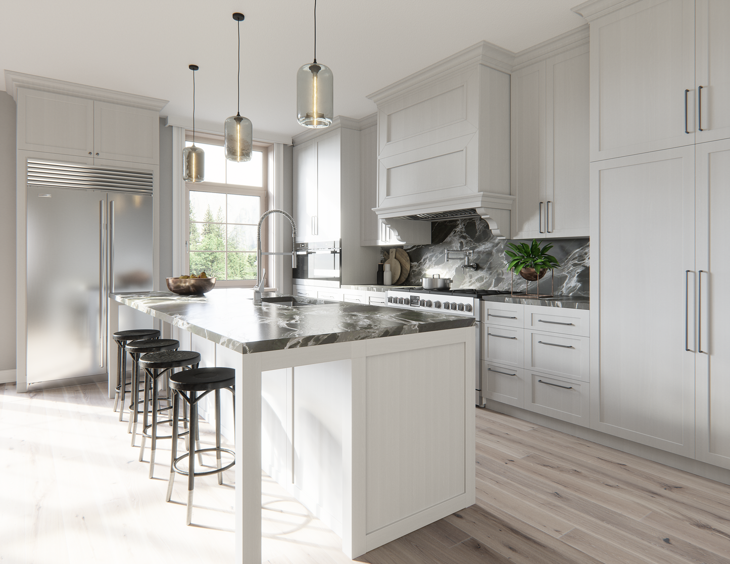 Contemporary kitchen featuring a stainless steel range hood insert above a gas stove, with white cabinetry, marble countertops, and hardwood floors, part of Range Hoods, Kitchen & Kitchenware, All Products, and Appliances collections.