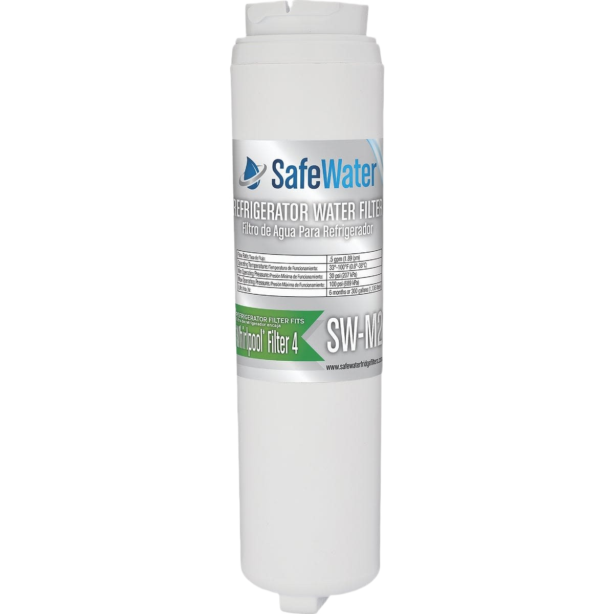White cylindrical water filter cartridge labeled SafeWater SW-M2 for Whirlpool refrigerators in home improvement settings