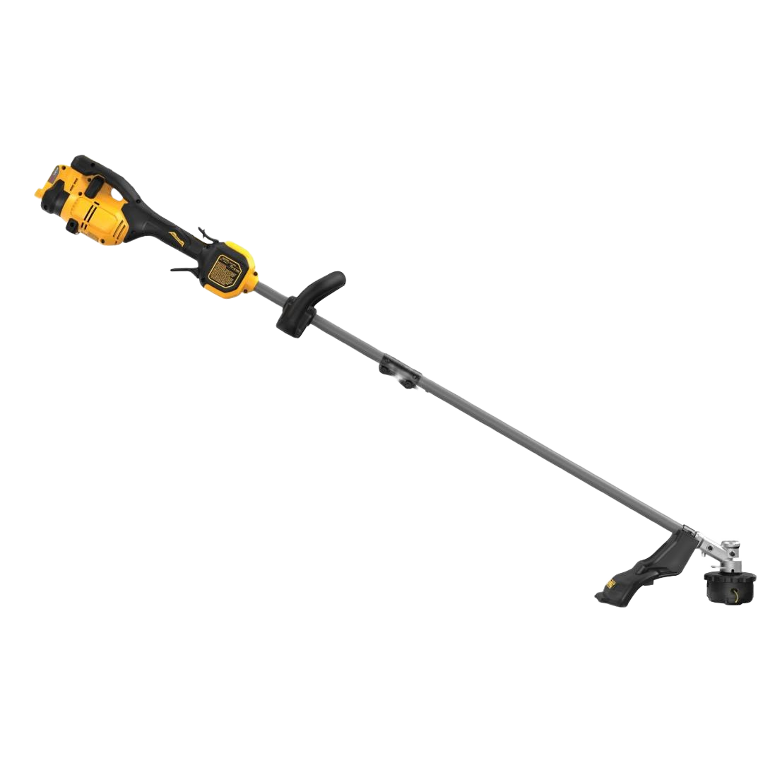 Cordless yellow and black 60V string trimmer with 17-inch cutting path and attachment capability for home improvement tasks