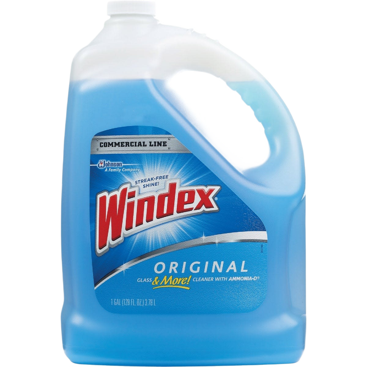 One-gallon container of blue Windex Commercial Line glass and surface cleaner in janitorial supplies collection