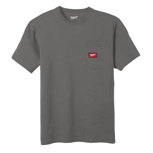 Short sleeve gray work shirt with chest pocket and red logo patch for tools and home improvement enthusiasts