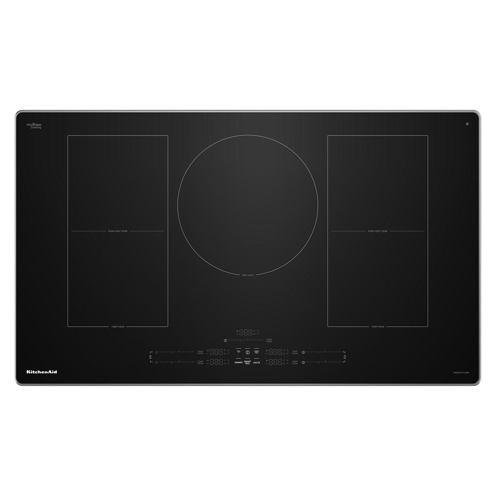 Black 36-inch induction cooktop with five cooking zones and touch controls from kitchen appliances collection