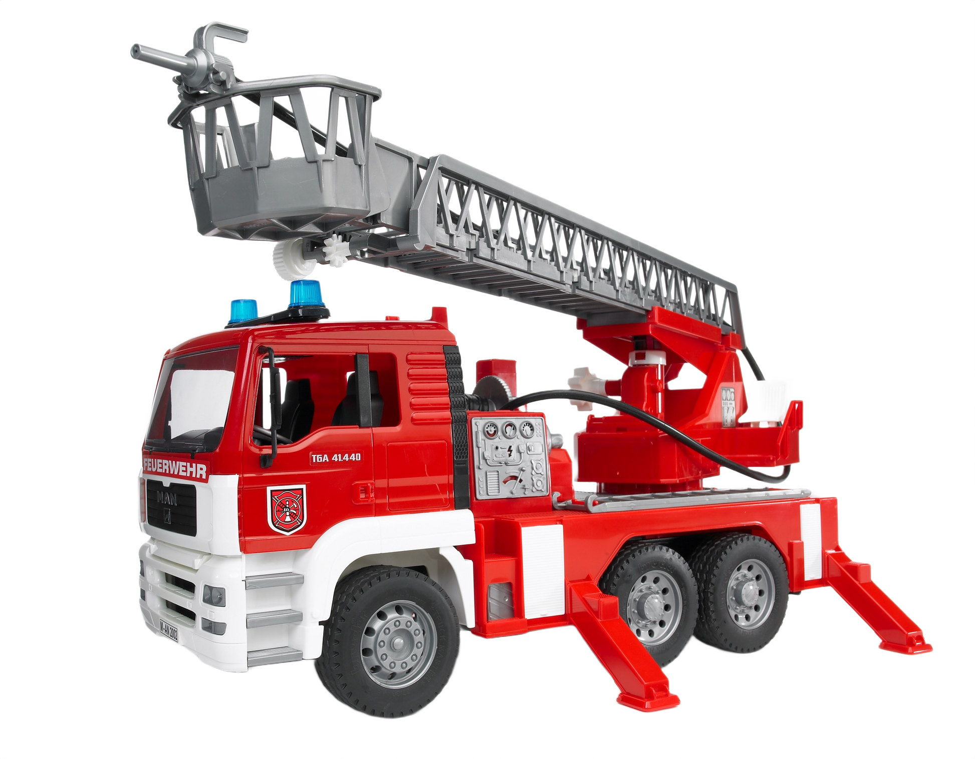 Detailed red and white toy fire engine with extendable grey ladder, stabilizers, and realistic controls for kids' play collections