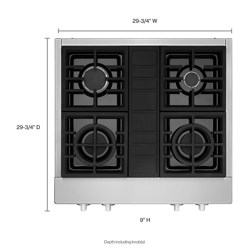 Top view of a 30-inch stainless steel 4-burner commercial-style gas cooktop from Cooktops collection