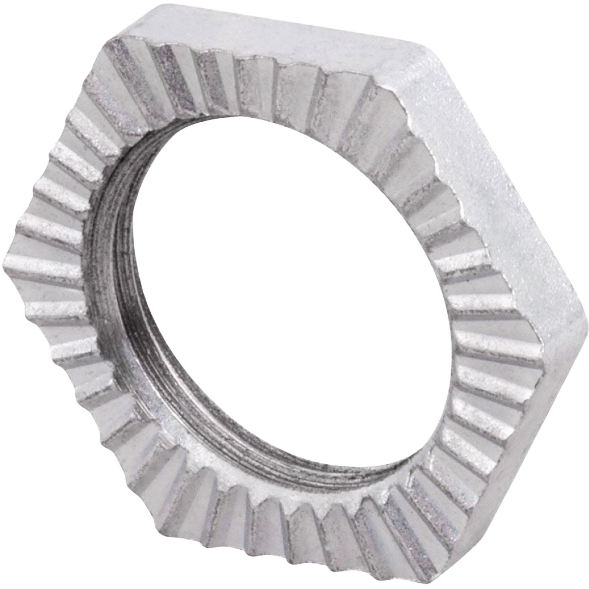 Plated steel conduit locknut with ridged edges for secure fitting in electrical and conduit hardware collections under $50